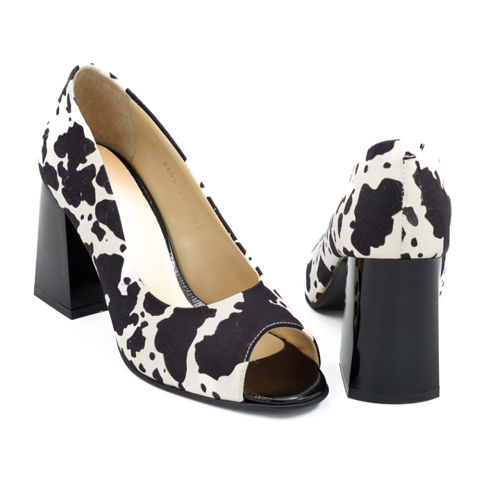 Pantofi decupati dama din piele naturala alba cu imprimeu pete negre, cu varf rotund si toc mediu gros de 8 cm 1027-2-26 [5]