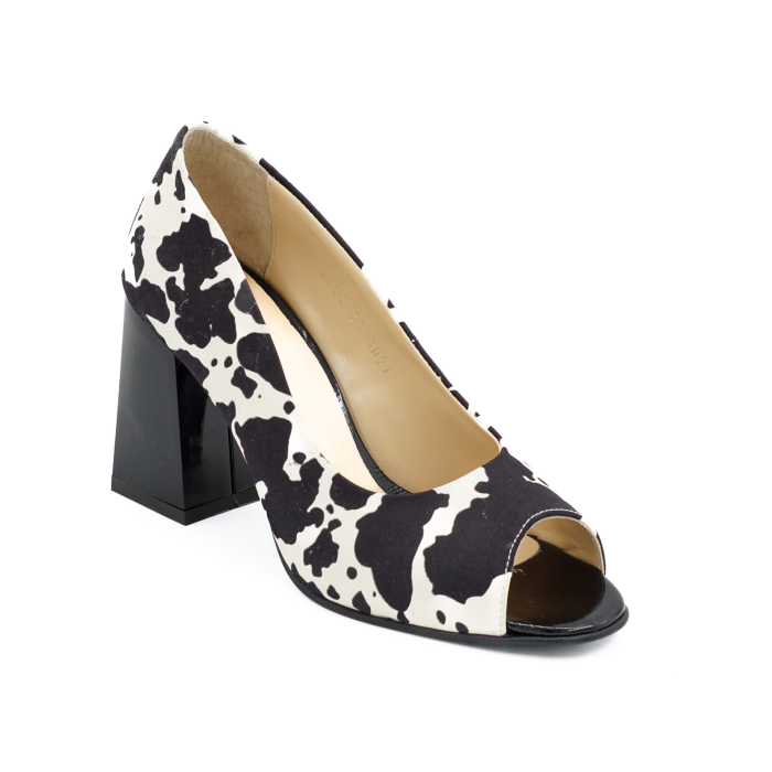 Pantofi decupati dama din piele naturala alba cu imprimeu pete negre, cu varf rotund si toc mediu gros de 8 cm 1027-2-26 [2]