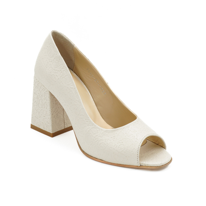 Pantofi decupati dama din piele naturala nude bej cu imprimeu brodat, cu varf rotund si toc mediu gros imbracat de 8 cm 1027-3-26 [2]