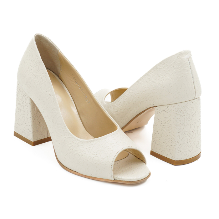 Pantofi decupati dama din piele naturala nude bej cu imprimeu brodat, cu varf rotund si toc mediu gros imbracat de 8 cm 1027-3-26 [4]