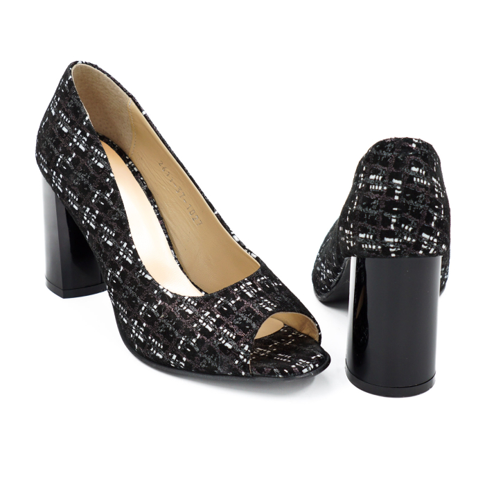Pantofi decupati dama din piele naturala neagra cu imprimeu, cu varf rotund si toc mediu gros de 8 cm 1027-8-26 [5]