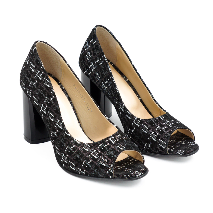 Pantofi decupati dama din piele naturala neagra cu imprimeu, cu varf rotund si toc mediu gros de 8 cm 1027-8-26 [3]