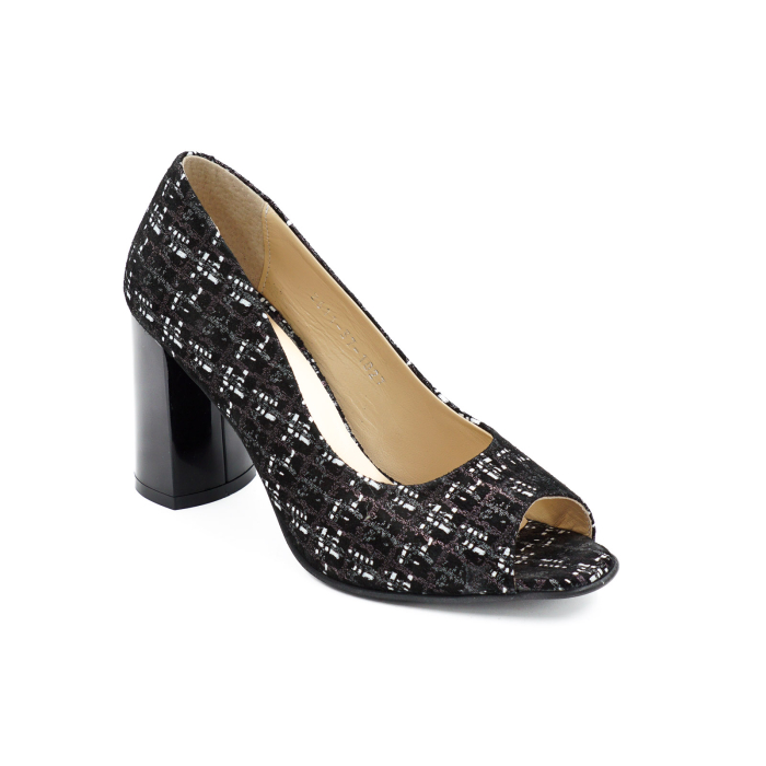 Pantofi decupati dama din piele naturala neagra cu imprimeu, cu varf rotund si toc mediu gros de 8 cm 1027-8-26 [2]