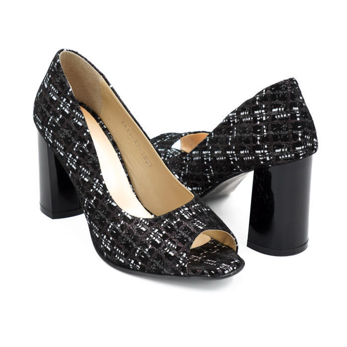 Pantofi decupati dama din piele naturala neagra cu imprimeu, cu varf rotund si toc mediu gros de 8 cm 1027-8-26 [4]