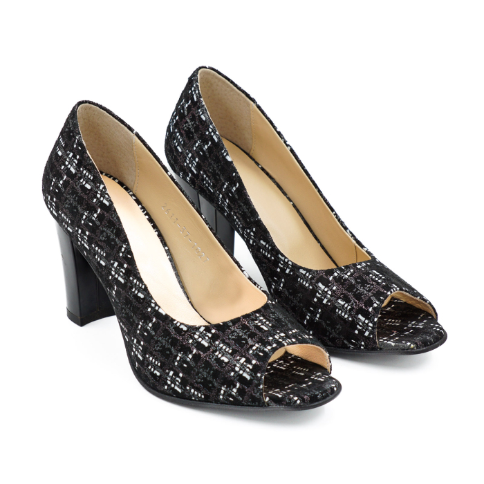 Pantofi decupati dama din piele naturala neagra cu imprimeu, cu varf rotund si toc mediu gros de 8 cm 1027-9-26 [3]