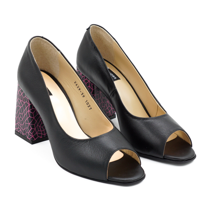 Pantofi decupati dama din piele naturala neagra, cu varf rotund si toc mediu gros imbracat de 8 cm 1027-7-26 [3]