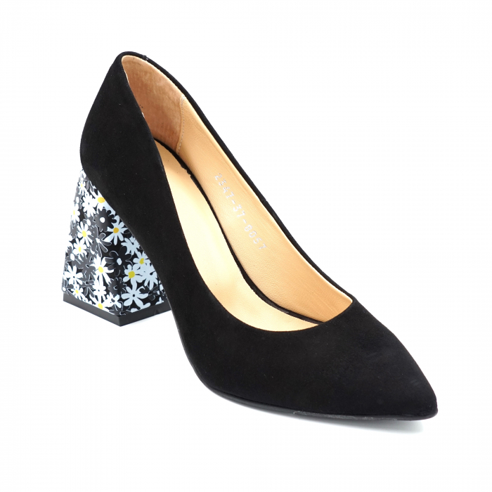 Pantofi din piele naturala intoarsa neagra si cu imrpimeu floral cu varf ascutit stileto si toc mediu gros imbracat 8 cm 8057-7-24 [2]