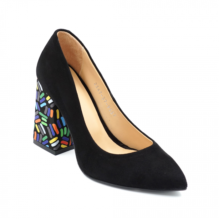 Pantofi din piele naturala intoarsa neagra si cu imprimeu multicolor cu varf ascutit stileto si toc inalt gros imbracat 9 cm 9557-1-24 [2]