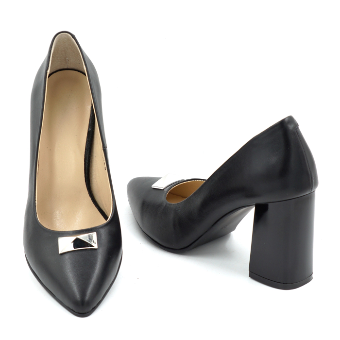 Pantofi din piele naturala neagra cu varf ascutit stiletto si toc mediu gros de 8 cm 54325-2-25 [4]