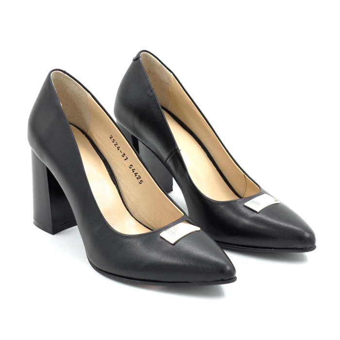 Pantofi din piele naturala neagra cu varf ascutit stiletto si toc mediu gros de 8 cm 54325-2-25 [2]