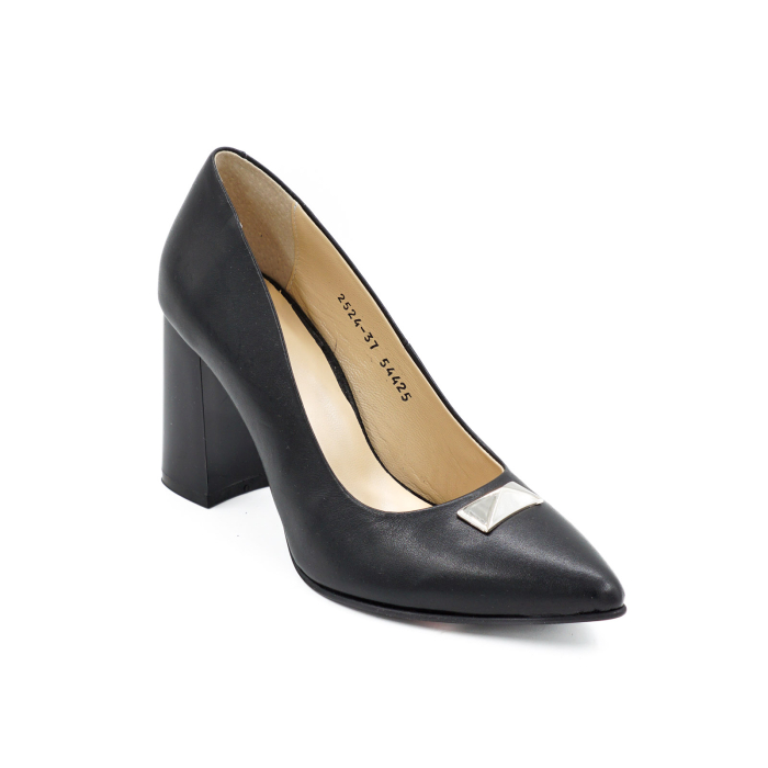Pantofi din piele naturala neagra cu varf ascutit stiletto si toc mediu gros de 8 cm 54325-2-25 [3]