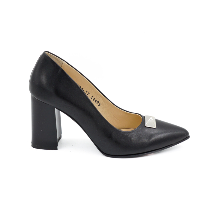 Pantofi din piele naturala neagra cu varf ascutit stiletto si toc mediu gros de 8 cm 54325-2-25 [2]