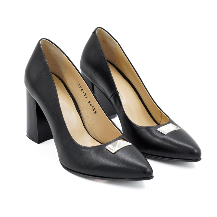 Pantofi din piele naturala neagra cu varf ascutit stiletto si toc mediu gros de 8 cm 54325-2-25 [4]