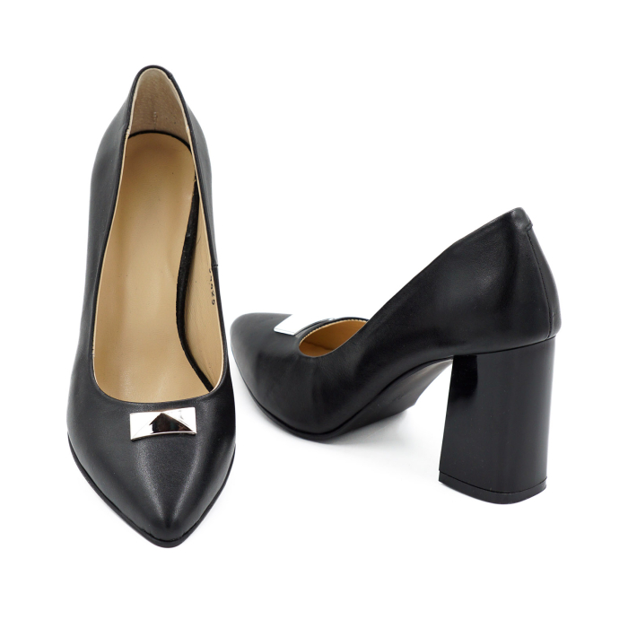 Pantofi din piele naturala neagra cu varf ascutit stiletto si toc mediu gros de 8 cm 54325-2-25 [6]