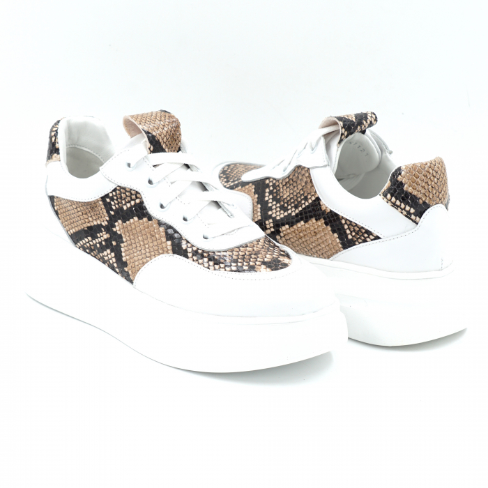 Pantofi dama tip adidas din piele naturala alba si cu imprimeu sarpe cu varf rotund si talpa 5 cm 51121-25 [4]