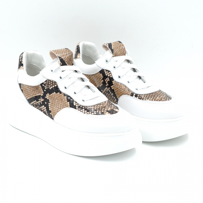 Pantofi dama tip adidas din piele naturala alba si cu imprimeu sarpe cu varf rotund si talpa 5 cm 51121-25 [3]