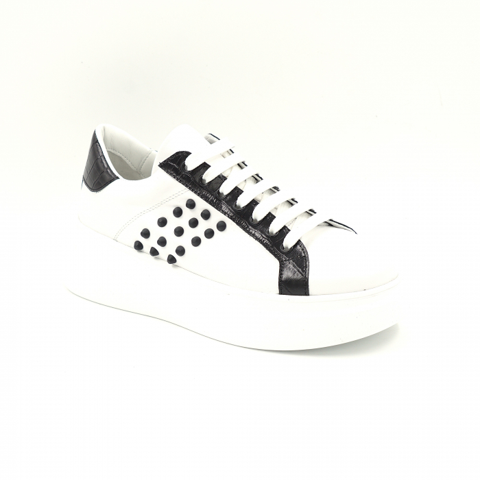 Pantofi dama tip adidas din piele naturala neagra si alba cu varf rotund si talpa 5 cm si accesorii tip tinte 64121-25 [2]