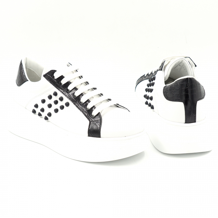 Pantofi dama tip adidas din piele naturala neagra si alba cu varf rotund si talpa 5 cm si accesorii tip tinte 64121-25 [4]