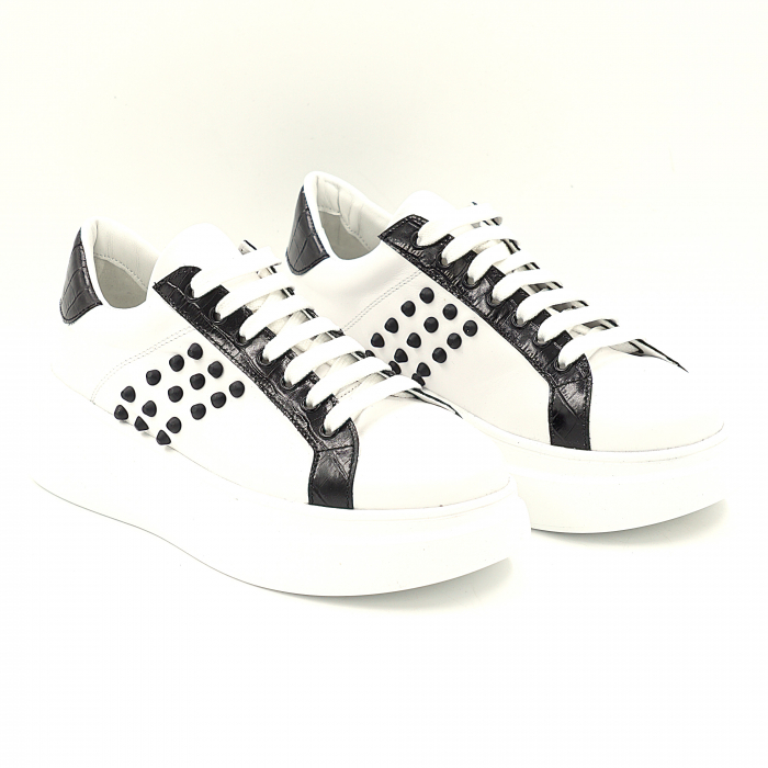 Pantofi dama tip adidas din piele naturala neagra si alba cu varf rotund si talpa 5 cm si accesorii tip tinte 64121-25 [3]