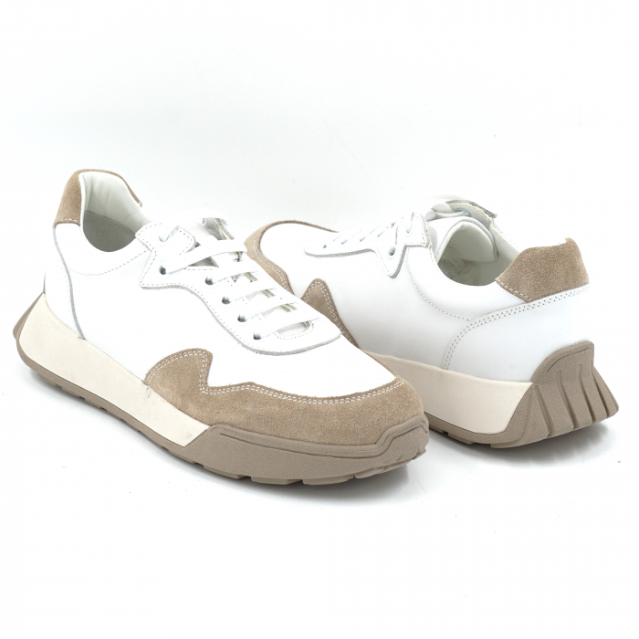 Pantofi dama tip adidas din piele naturala alba si bej inchis cu varf rotund si talpa de 3 cm 52724-25 [4]