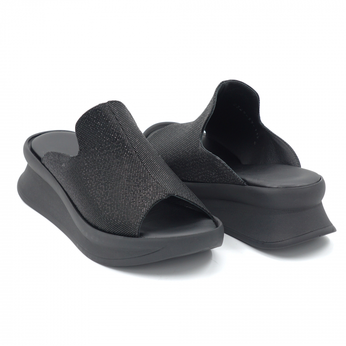 Papuci dama din piele naturala neagra cu imprimeu cu varf rotund si talpa inalta 5 cm 1120-1-24 [3]