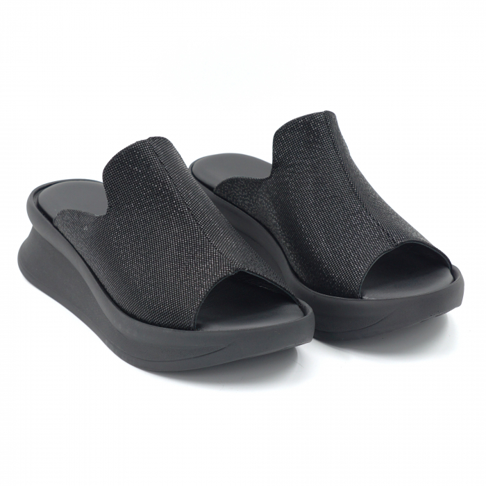 Papuci dama din piele naturala neagra cu imprimeu cu varf rotund si talpa inalta 5 cm 1120-1-24 [4]