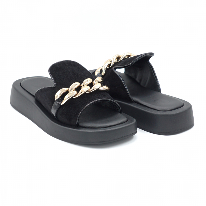 Papuci dama din piele naturala intoarsa neagra cu varf rotund si talpa 4 cm  11620-24 [2]