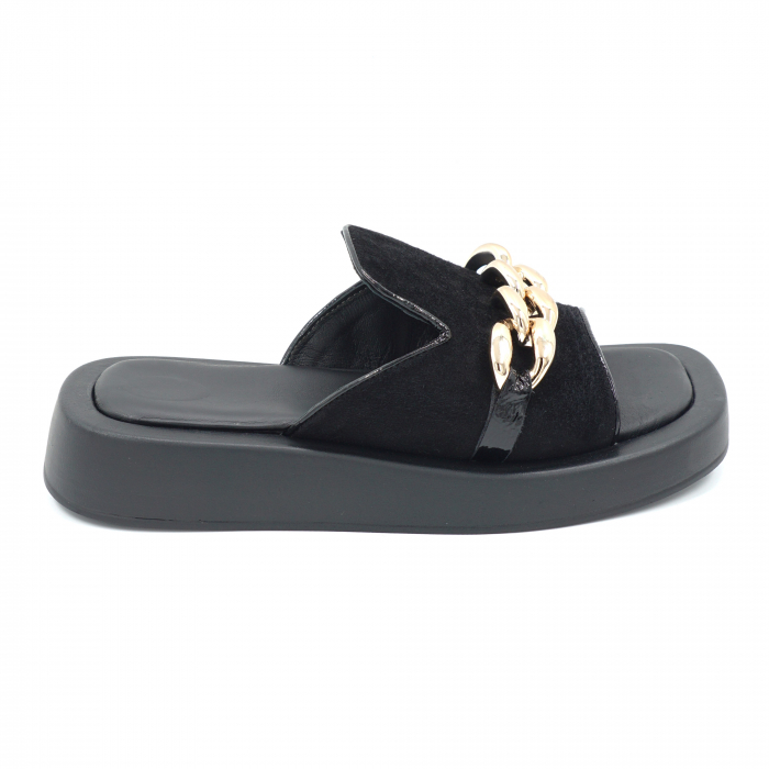 Papuci dama din piele naturala intoarsa neagra cu varf rotund si talpa 4 cm  11620-24 [4]