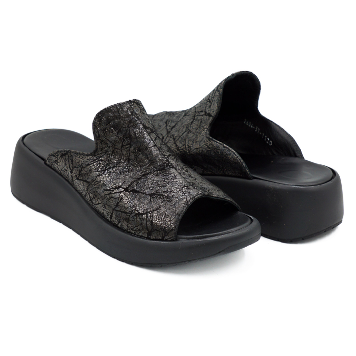 Sabot dama din piele naturala neagra cu imprimeu, cu varf rotund si talpa inalta 4 cm 1120-26 [4]