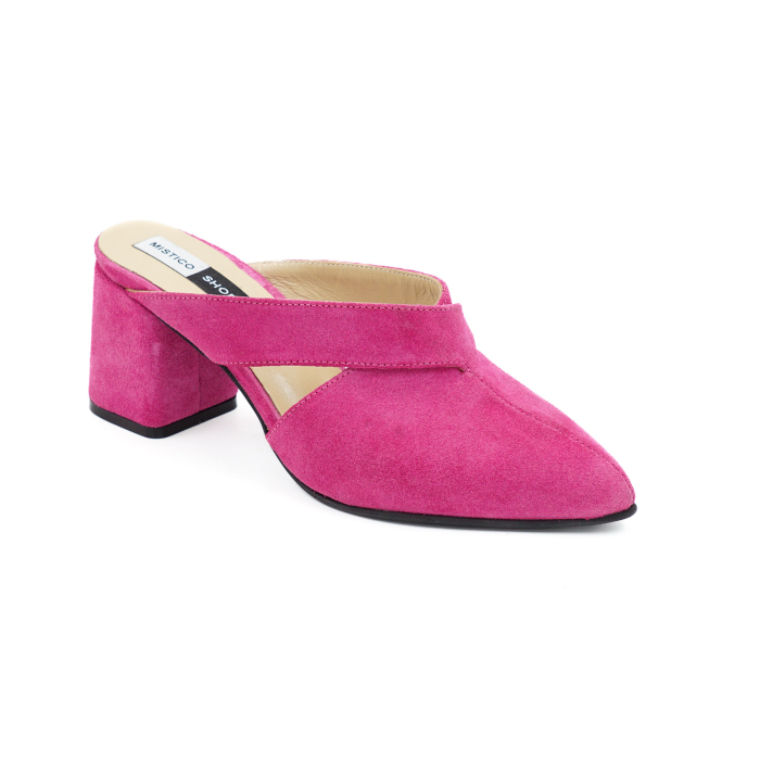 Sabot dama din piele naturala intoarsa roz fucsia, cu varf ascutit stileto si toc mic gros imbracat de 6 cm 2926-26 [2]