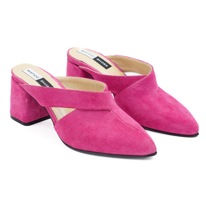Sabot dama din piele naturala intoarsa roz fucsia, cu varf ascutit stileto si toc mic gros imbracat de 6 cm 2926-26 [3]