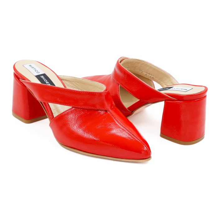 Saboti dama din piele naturala lacuita rosie, cu varf ascutit stiletto si toc mic gros imbracat 6 cm 2926-2-26 [4]