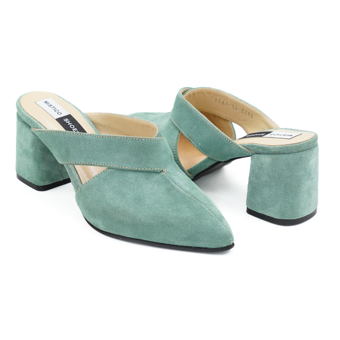 Saboti dama din piele naturala intoarsa verde deschis, cu varf ascutit stiletto si toc mic gros imbracat 6 cm 2926-5-26 [4]