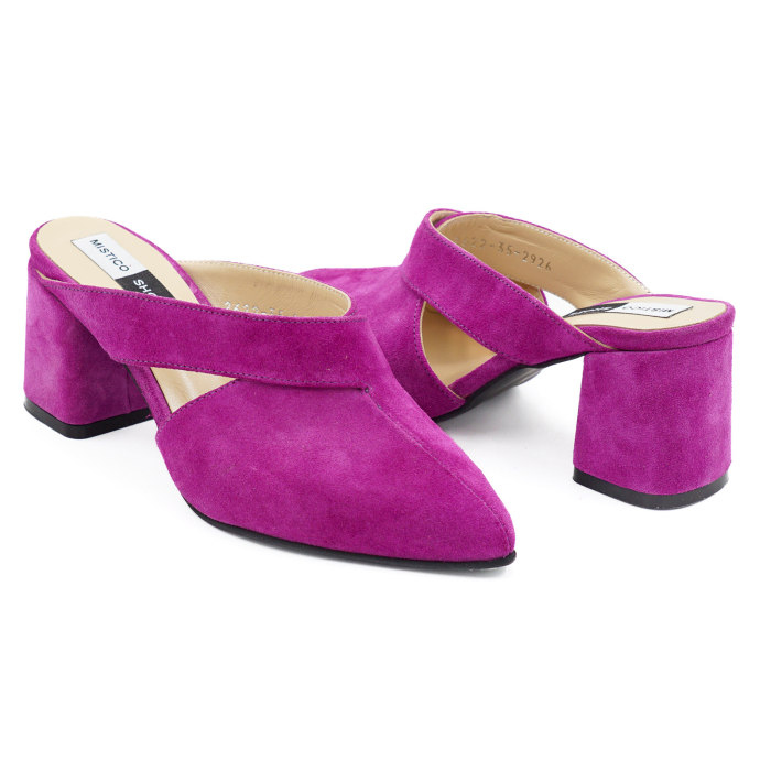 Saboti dama din piele naturala intoarsa mov lila, cu varf ascutit stiletto si toc mic gros imbracat 6 cm 2926-6-26 [4]