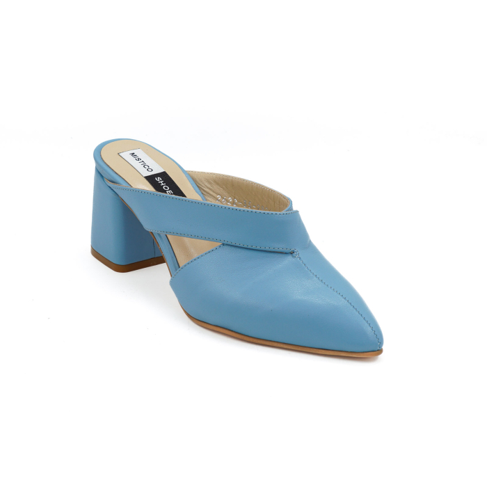 Saboti dama din piele naturala albastru deschis, cu varf ascutit stiletto si toc mic gros imbracat 6 cm 2926-3-26 [2]