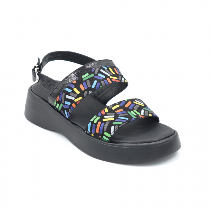 Sandale dama din piele naturala lacuita neagra si cu imprimeu multicolor cu varf rotund si talpa de 4 cm 0221-24 [3]