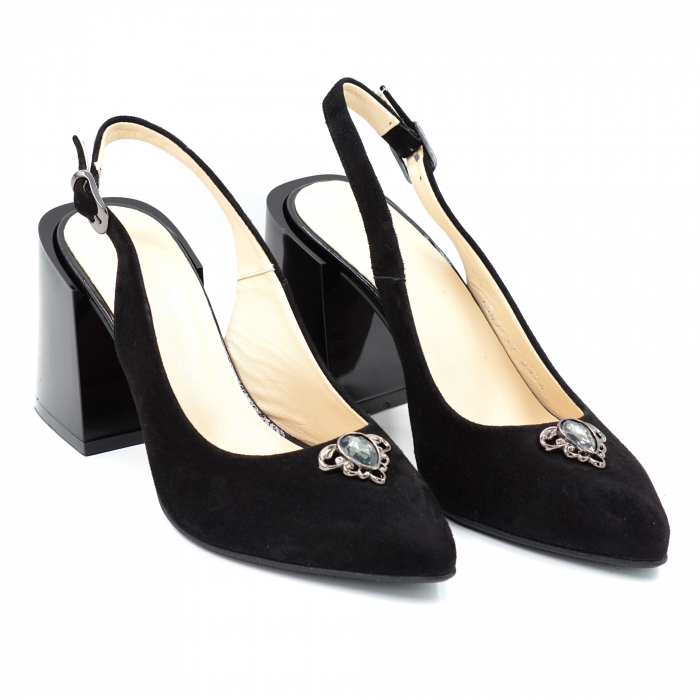 Sandale dama din piele naturala intoarsa neagra cu varf ascutit stileto si toc mediu gros 8 cm 0324-24 [2]