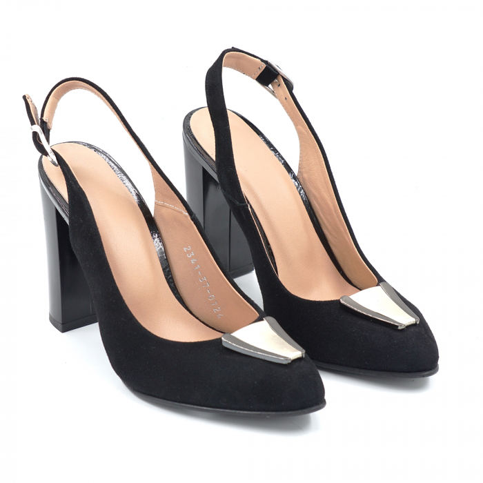 Sandale dama din piele intoarsa neagra cu varf semiascutit si toc mediu gros 8 cm 0724-1-24 [2]