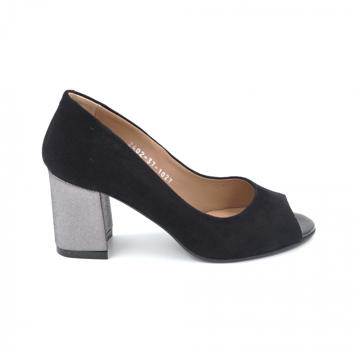 Pantofi dama decupati din piele naturala intoarsa neagra cu varf rotund si toc mic gros imbracat 6 cm 1027-3-24 [1]