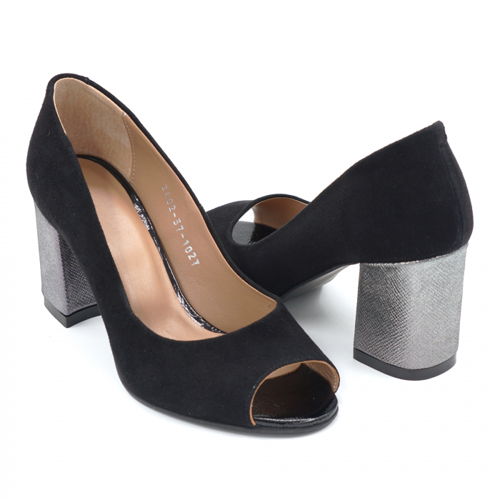 Pantofi dama decupati din piele naturala intoarsa neagra cu varf rotund si toc mic gros imbracat 6 cm 1027-3-24 [4]