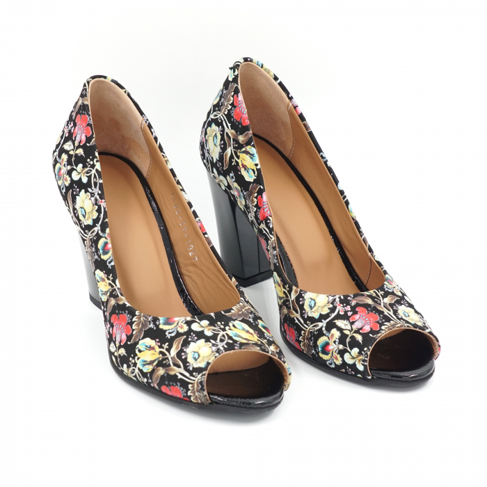 Pantofi dama decupati din piele naturala cu imprimeu floral cu varf rotund si toc mediu gros 8 cm 1027-7-24 [3]