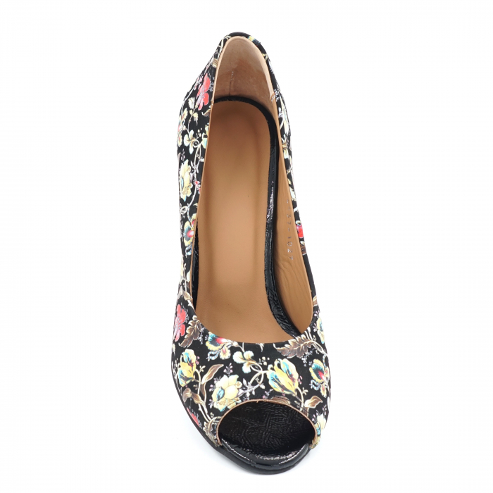 Pantofi dama decupati din piele naturala cu imprimeu floral cu varf rotund si toc mediu gros 8 cm 1027-7-24 [5]