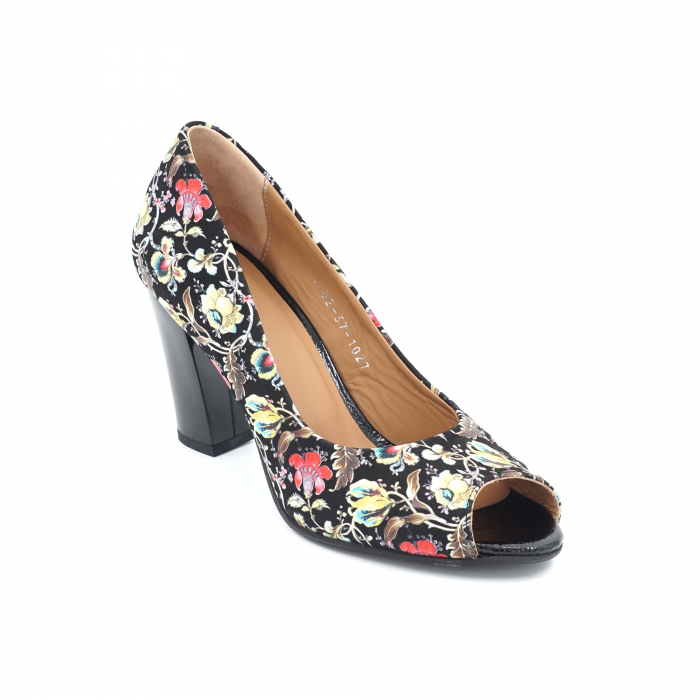 Pantofi dama decupati din piele naturala cu imprimeu floral cu varf rotund si toc mediu gros 8 cm 1027-7-24 [2]