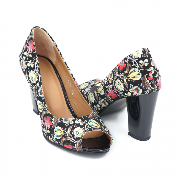 Pantofi dama decupati din piele naturala cu imprimeu floral cu varf rotund si toc mediu gros 8 cm 1027-7-24 [4]