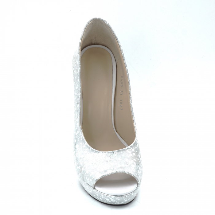 Pantofi dama decupati din piele naturala argintie cu imprimeu cu varf rotund, platforma 2 cm si toc inalt gros imbracat 11 cm 1027-8-24 [3]