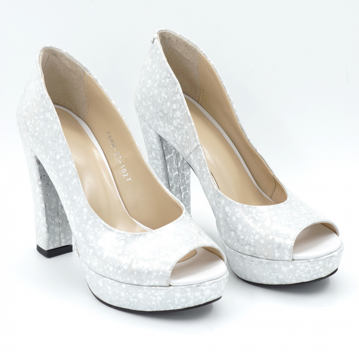 Pantofi dama decupati din piele naturala argintie cu imprimeu cu varf rotund, platforma 2 cm si toc inalt gros imbracat 11 cm 1027-8-24 [4]