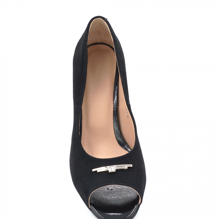 Pantofi dama decupati din piele naturala intoarsa neagra cu varf rotund si toc mic gros 6 cm 1028-24 [5]