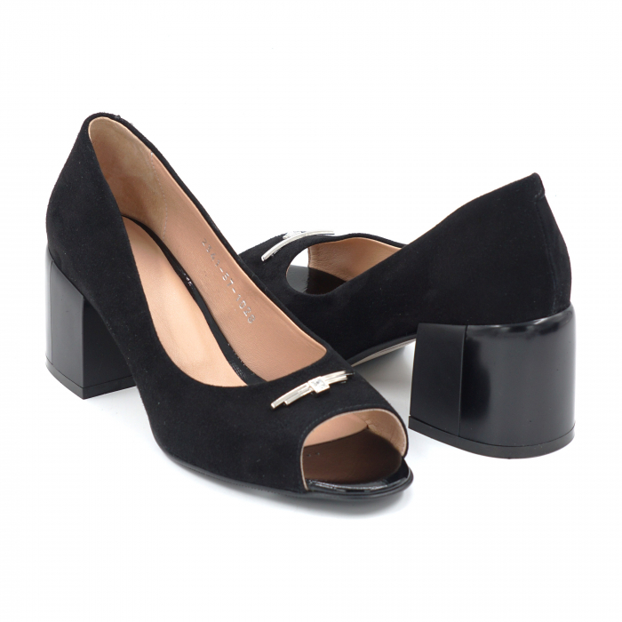 Pantofi dama decupati din piele naturala intoarsa neagra cu varf rotund si toc mic gros 6 cm 1028-24 [1]