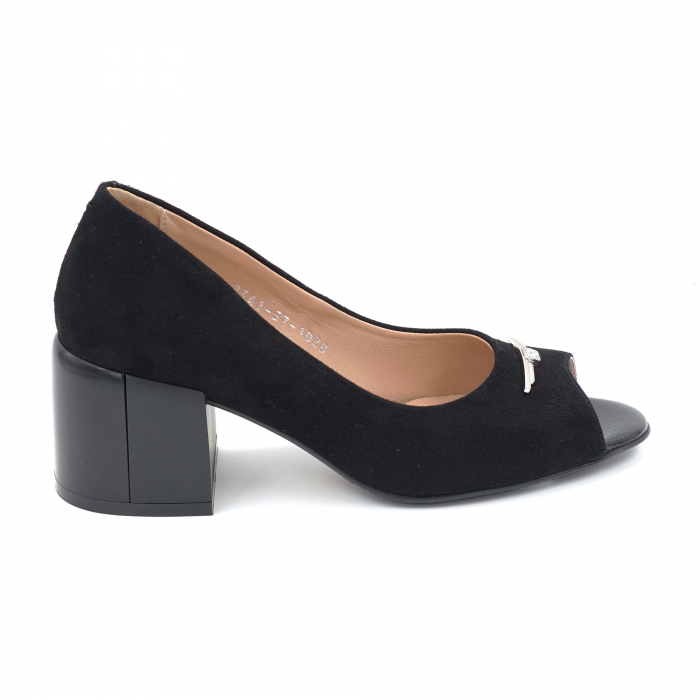 Pantofi dama decupati din piele naturala intoarsa neagra cu varf rotund si toc mic gros 6 cm 1028-24 [3]