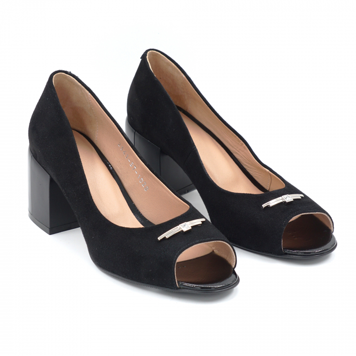 Pantofi dama decupati din piele naturala intoarsa neagra cu varf rotund si toc mic gros 6 cm 1028-24 [4]